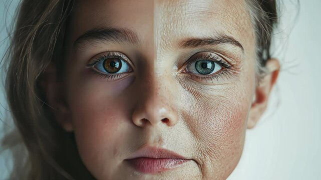 Split-screen portrait comparing young and elderly woman's face, seamless transition showing aging progression, side-by-side contrast of smooth and wrinkled skin, visual metaphor for time passage