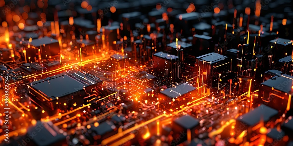 Poster a computer chip is lit up with orange lights