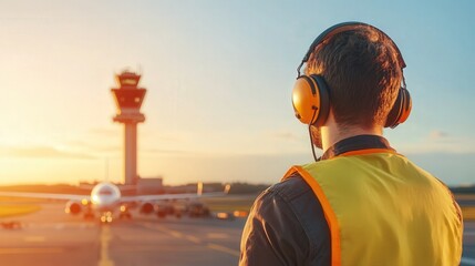 A Dedicated Air Traffic Controller Ensures Safe Air Travel Amidst a Beautiful Sunset Sky