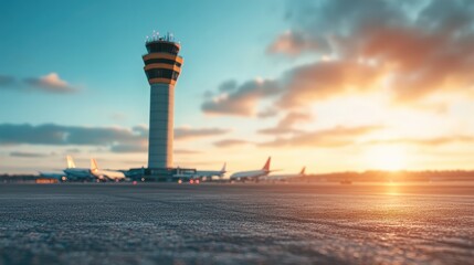 Naklejka premium A Beautiful Sunset at the Airport with a Tower and Airplanes Lined Up in the Background