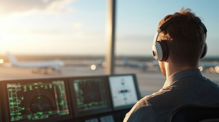 Air Traffic Controller Overseeing Landings During a Vibrant Sunset at the Airport Control Tower
