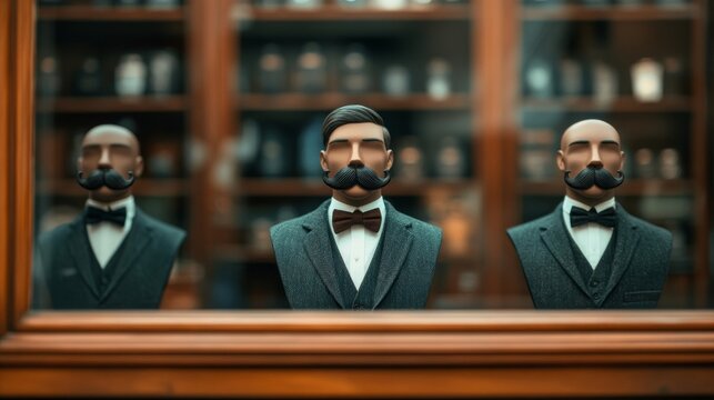 Barber shop window display decorated for Movember with mustache-themed artwork and accessories 