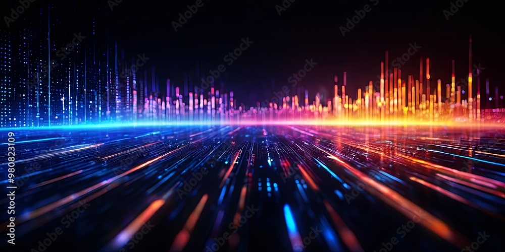 Poster a colorful cityscape with a blue line running through it
