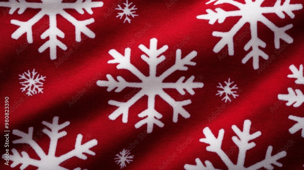 Sticker Bright red flannel fabric with large white snowflake motifs and small glitter accents throughout 