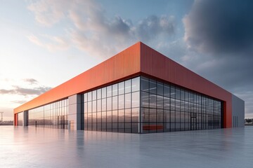Modern logistics warehouse building transportation architecture waterfront.
