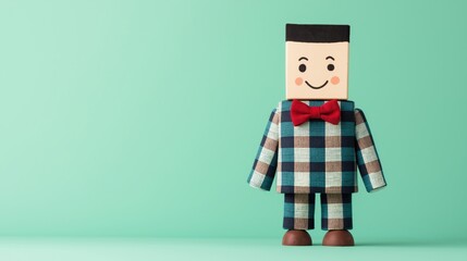 Character made from a plaid tablecloth with a playful wink and a bowtie, standing on a soft pastel green background 
