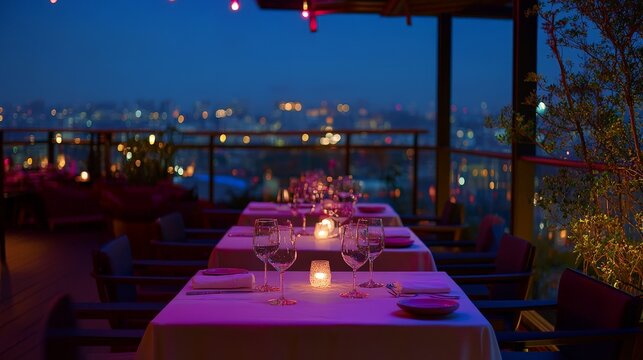 Experience fine dining at a rooftop restaurant, offering panoramic city views, exquisite cuisine, and a romantic ambiance under the stars. - Powered by Adobe