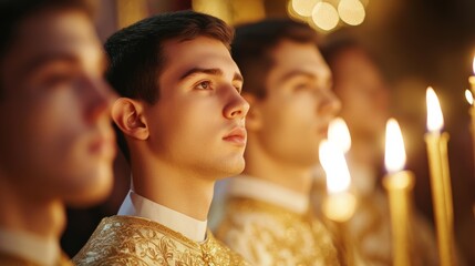 Choir singing during an Orthodox Christmas service, with candles glowing and incense rising, a backdrop of vivid religious icons 