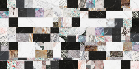 Creative patchwork pattern stone ceramic wallpaper design. White marble
