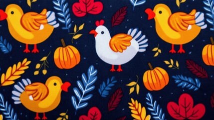 Children’s Thanksgiving fabric with cute cartoon turkeys, pumpkins, and corn in bright, primary colors 