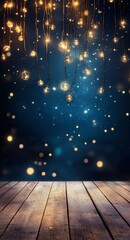 Elegant string lights illuminating a cozy wooden stage under a starry night sky