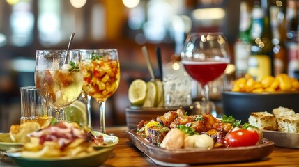 Experience the vibrant energy of a tapas bar, where small plates of Spanish delicacies are shared among friends, accompanied by lively conversation and sangria.