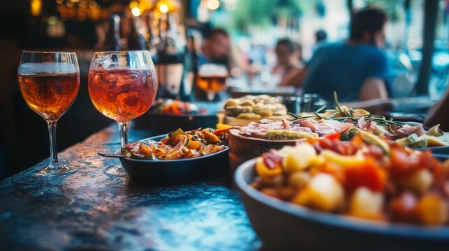 Experience the vibrant energy of a tapas bar, where small plates of Spanish delicacies are shared among friends, accompanied by lively conversation and sangria.