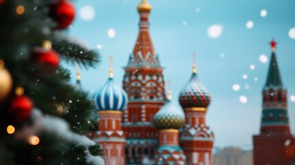 Fototapeta premium Christmas market in Moscow's Red Square, with colorful domes of St Basil’s Cathedral in the background and snow gently falling 