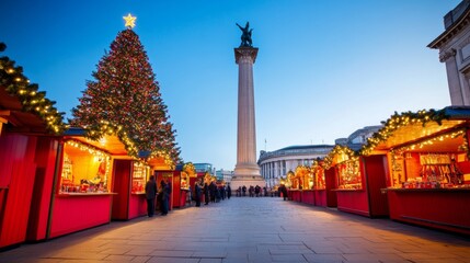 Christmas market in London’s Trafalgar Square, with colorful booths, a large tree, and Nelson's Column illuminated in the background 
