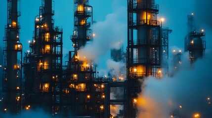 A large industrial plant with smoke coming out of it. The smoke is orange and yellow. The plant is surrounded by a lot of pipes
