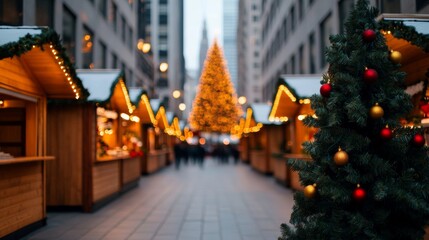 Fototapeta premium Christmas market in the heart of Times Square, New York, with bright holiday decorations, festive booths, and a giant Christmas tree 