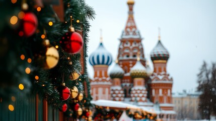 Obraz premium Christmas market in Moscow's Red Square, with colorful domes of St Basil’s Cathedral in the background and snow gently falling 