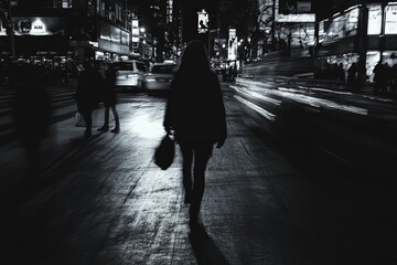Obraz premium A person walking down a busy city street at night, surrounded by strangers, but feeling a deep sense of loneliness and alienation.