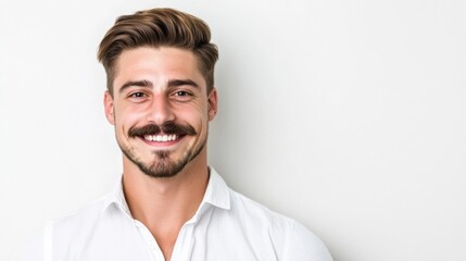 Fototapeta premium Close-up of a man with a bold handlebar mustache smiling against a white background with text space 