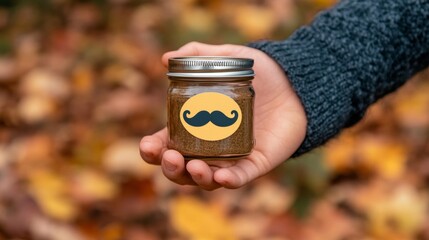 Close-up of a hand holding a Movember donation jar with a mustache sticker, surrounded by autumn leaves 