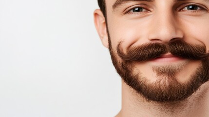 Obraz premium Close-up of a man with a bold handlebar mustache smiling against a white background with text space 