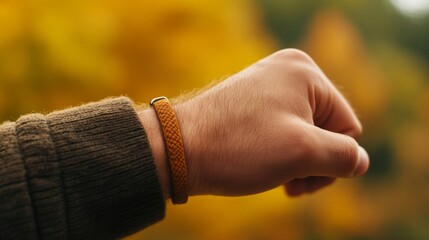 Close-up of a Movember charity bracelet on a wrist with a soft-focus background of autumn scenery 