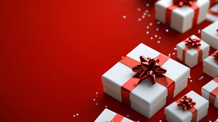 Pacchi di Natale con fiocco rosso. Ampio spazio per auguri personalizzati.