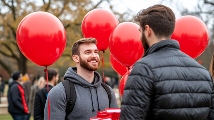 Community event for World AIDS Day, with an information booth, red balloons, and people engaging in discussions about HIV awareness 
