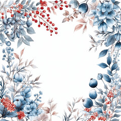 Winter flowers with leaves frame, pinecones and berries. Seasonal Christmas squared design template, watercolor illustration