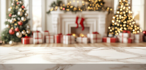 cozy christmas living room interior with sparkling tree and warm lighting, viewed over an elegant marble table, mockup