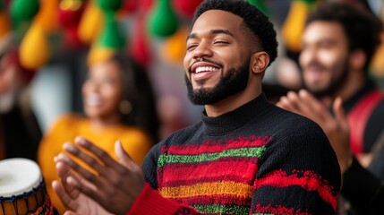 Community Kwanzaa celebration with a large drum circle, people clapping and dancing, under colorful hanging decorations 