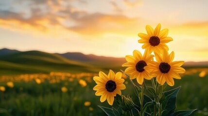 Sunset casting a golden glow over rolling hills, with wildflowers like blackeyed Susans and coneflowers creating a vibrant foreground
