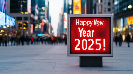Countdown clock reading 00:00 with Happy New Year 2025! illuminated on a digital billboard in a bustling city square 