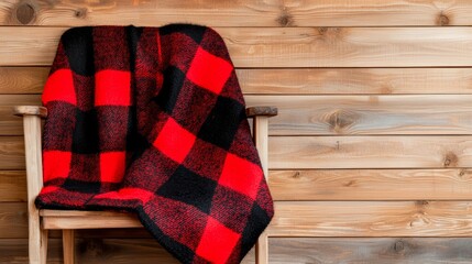 Cozy plaid blanket with red and black buffalo check pattern, soft texture, draped over a rustic wooden chair 