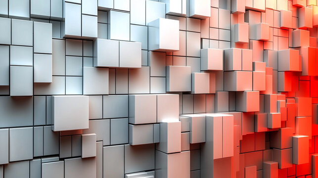 A vibrant abstract background featuring cubes in shades of gray and red, creating a modern digital art effect.