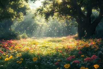 enchanted spring meadow bursts with colorful blooms sunlight filters through lush trees casting dappled shadows vibrant flora paints idyllic natural paradise