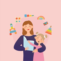 nanny reading a book with girl illustration