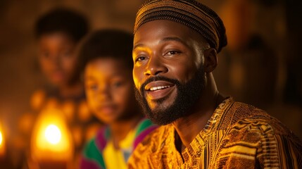 Elder leading a storytelling session during a Kwanzaa celebration, children listening attentively, with a kinara glowing nearby 