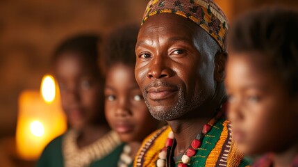 Elder leading a storytelling session during a Kwanzaa celebration, children listening attentively, with a kinara glowing nearby 