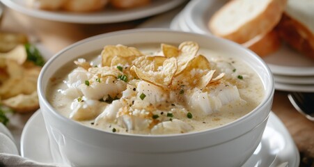 Creamy potato soup topped with crunchy chips and herbs served in a rustic bowl with bread