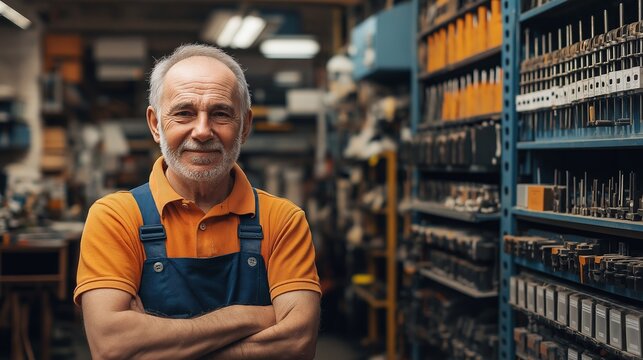 A man in an orange shirt and blue overalls stands in front of a shelf of tools. He is smiling and he is proud of his work