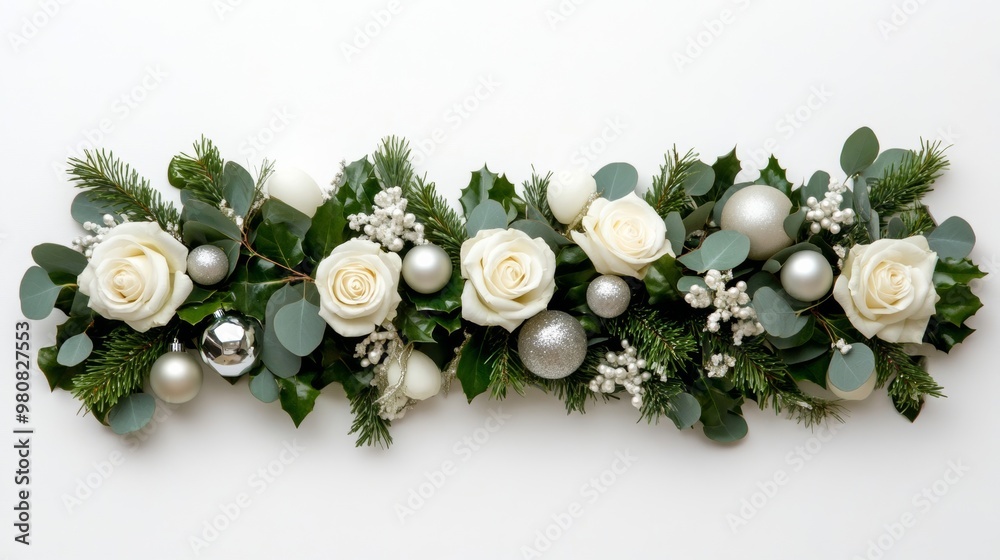 Poster Elegant Christmas garland with white roses, silver ornaments, and eucalyptus leaves isolated on a white background 