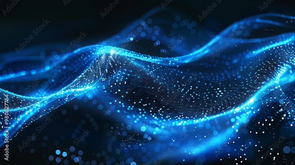 Poster abstract blue waves with glowing particles creating a dynamic flow in a dark space