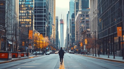 Fototapeta premium A person walking down a city street lined with concrete and tall buildings, with no greenery in sight, feeling disconnected from nature.