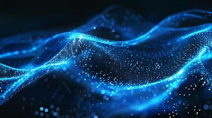 Naklejka premium Abstract blue waves with glowing particles creating a dynamic flow in a dark space