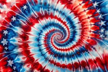 Vibrant red, white, and blue tie-dye watercolor waves swirl together in an abstract background, evoking a sense of patriotic freedom and American Independence spirit.