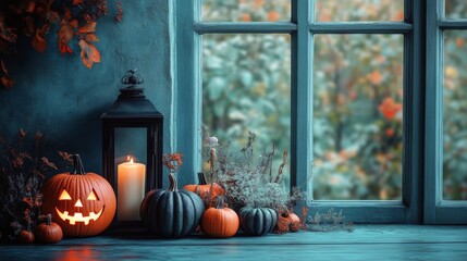 Cozy autumn evening with carved pumpkins and candlelight by the window in a serene setting