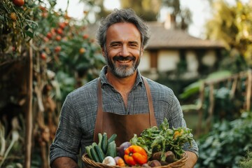 A man with a big smile on his face is holding a basket of vegetables. He looks happy and content as he holds the basket