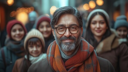 Fototapeta premium A man with glasses and a scarf is smiling at the camera. He is surrounded by a group of people, including children. Scene is warm and friendly, as the man is enjoying the company of his family